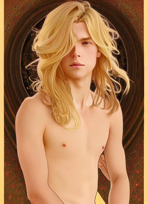 Image similar to pretty young man with shoulder length shiny shimmering golden blond hair, half body shot, path traced, highly detailed, high quality, digital painting, by studio ghibli and alphonse mucha, leesha hannigan, hidari, disney