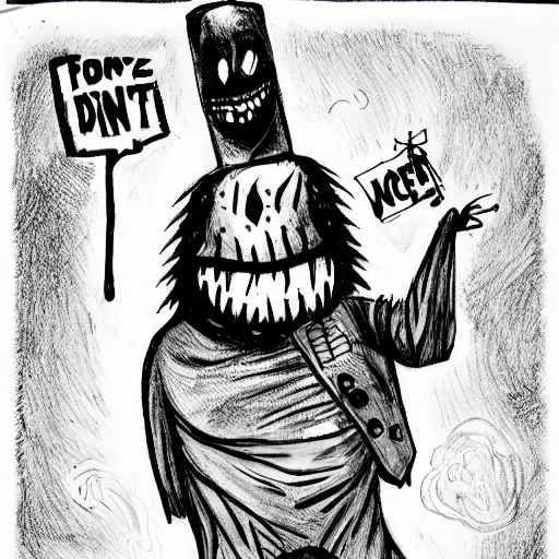 Image similar to a Pop Wonder scary horror themed goofy-hilarious-character-ice-cream-spirit-demon, dime-store-comic drawn with charcoal and pen and ink, half-tone-line-stacking