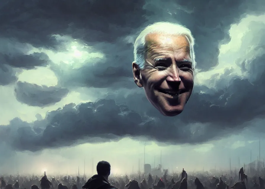 Image similar to large abstract painting of giant grinning Joe Biden head emerging from cosmic clouds at giant immense crowd of person army, trending on ArtStation, masterpiece, by Greg Rutkowski, by Ross Tran, by Fenghua Zhong, octane, lightbeam eyes, soft render, clear facial features, oil on canvas,, moody lighting, cinematic, professional environment concept art