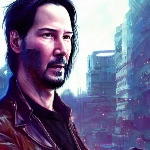 Image similar to closeup of Keanu Reeves in a cyberpunk city, film still, D&D, fantasy, intricate, elegant, highly detailed, digital painting, artstation, concept art, matte, sharp focus, illustration, hearthstone, art by Artgerm and Greg Rutkowski and Alphonse Mucha