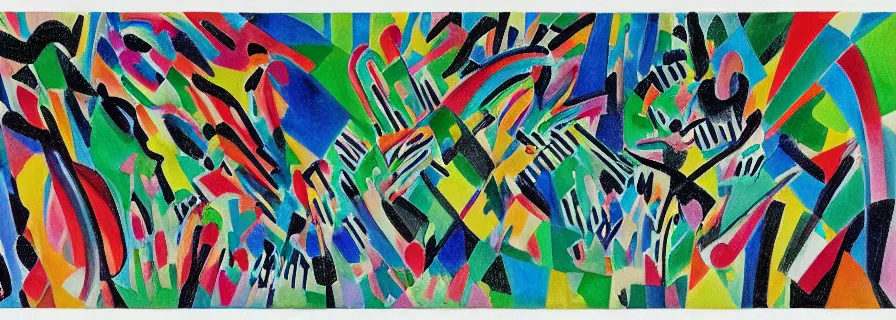 Prompt: party in jungles, author zima blue, very elongated lines, wasily kandinsky, malevich, pop art, color splashes, grain