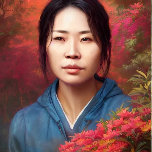 Image similar to portrait of a pancah woman ( 3 5 ) from taiwan in 2 0 2 1, an oil painting by ross tran and thomas kincade