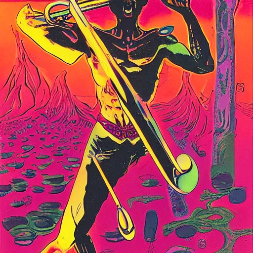 Image similar to 1975 demonic psychedlic valley flower axelotol foie gras trombone baluster , by Arthur Skizhali-Weiss and David Hocknet and Vincent Di Fate , fine art , Marvel Comics , 8K