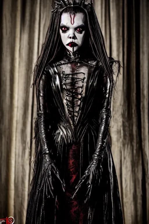 Image similar to dressed anya taylor - joy, a sinister demonic queen of cenobites, symmetrical, cinematic, elegant, demonic atmosphere, professional studio light, real dlsr photography, sharp focus, costume made by clive barker, real rotten flesh and blood, 4 k, ultra hd, sense of awe