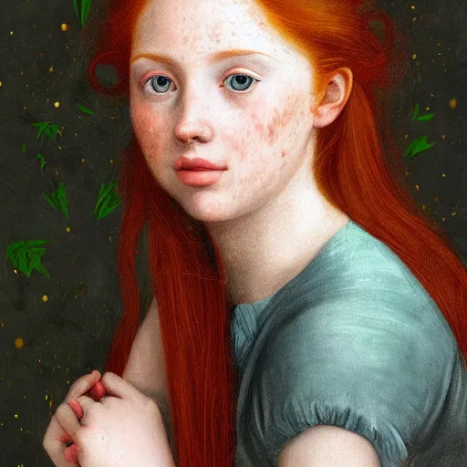 Image similar to portrait of a red haired girl, long hair, green eyes, hint of freckles, beautiful round face, soft amazed smiles, among golden fireflies, highly detailed, deep focus, elegant, digital painting, smooth, sharp focus, golden ratio, illustration, ultra realistic, 8 k, art by artemisia lomi gentileschi and caravaggio