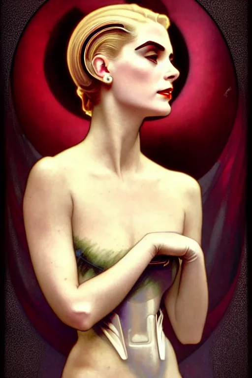 Image similar to young and beautiful evil cyborg grace kelly by steichen from the future in the style of tom bagshaw, alphonse mucha, gaston bussiere, cyberpunk. anatomically correct surreal body mods. extremely lush detail. masterpiece. melancholic scene infected by night. perfect composition and lighting. sharp focus. high contrast lush surrealistic photorealism. sultry expression on her face.