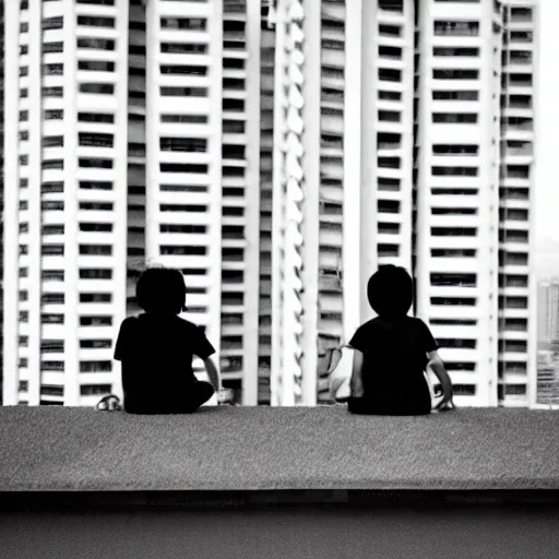 Image similar to solemn photo of two singaporean students sitting on the roof of a hdb flat, black and white, award winning, composition