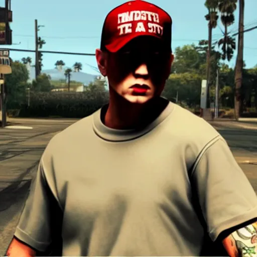 Prompt: a photo of Eminem as a GTA 5 cutscene effect