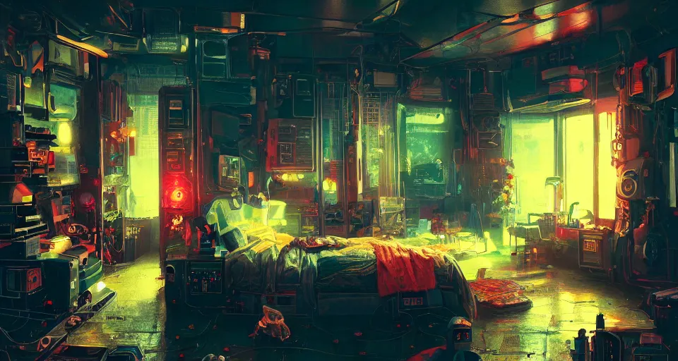 Image similar to IKEA catalogue photo of a cyberpunk bedroom, by Paul Lehr, 8k, HD, realistic, cinematic, artstation, details