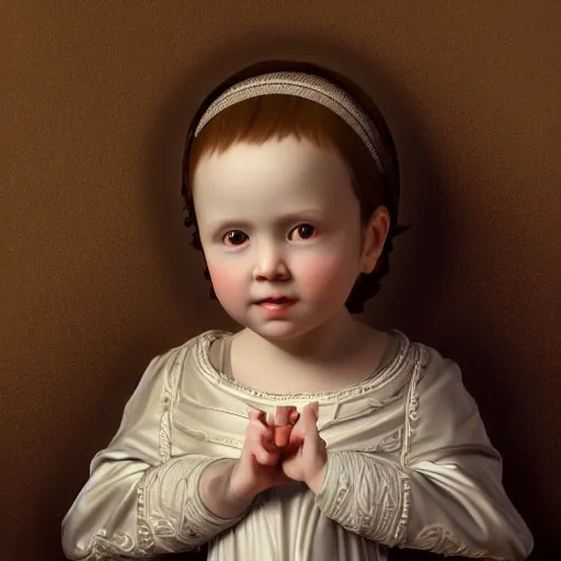 Image similar to baroque portrait of a holy catholic baby, trending on art station, 4k UHD, 8k, painting illustration, realistic volumetric lighting, rendered in unreal engine, high detail, photorealistic