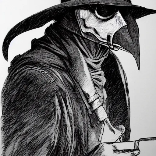 Image similar to a portrait of a plague doctor gunslinger, dark fantasy, horror, western, hell, ultrafine detailed pencil art on paper by frank frazetta and vito acconci and and takeshi obata, death note style, symetric body, cgsociety, sharp focus, detailed face