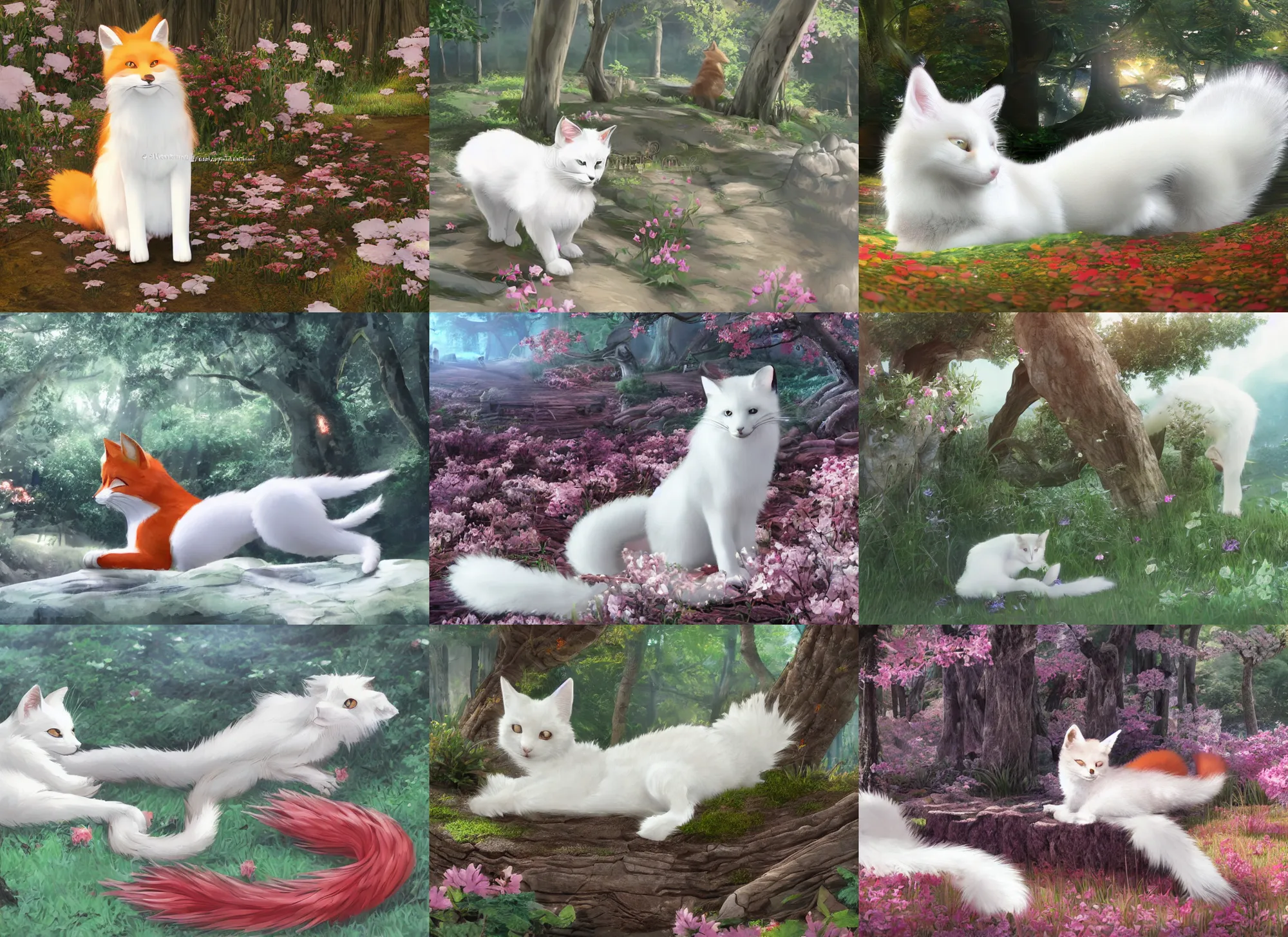 Prompt: white cat with fluffy red tail like fox tail lying at sakura forest, high detailed, octane engine, anime illustration, ray tracing