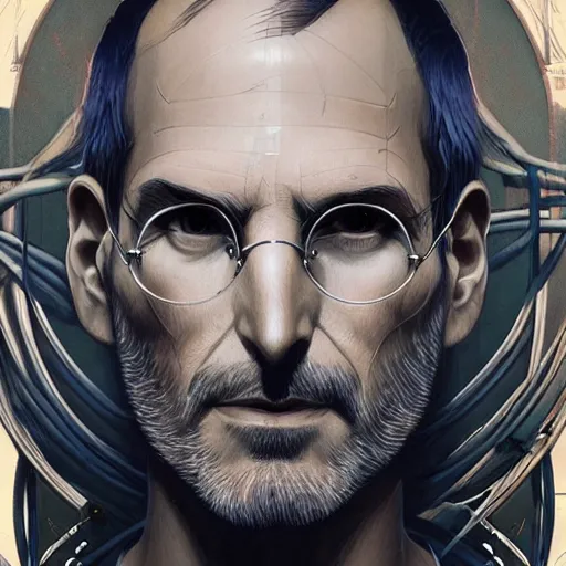 Image similar to beautiful ethereal cyberpunk steve jobs, art nouveau, fantasy, intricate binary and electronic designs, elegant, highly detailed, sharp focus, art by artgerm and greg rutkowski and wlop