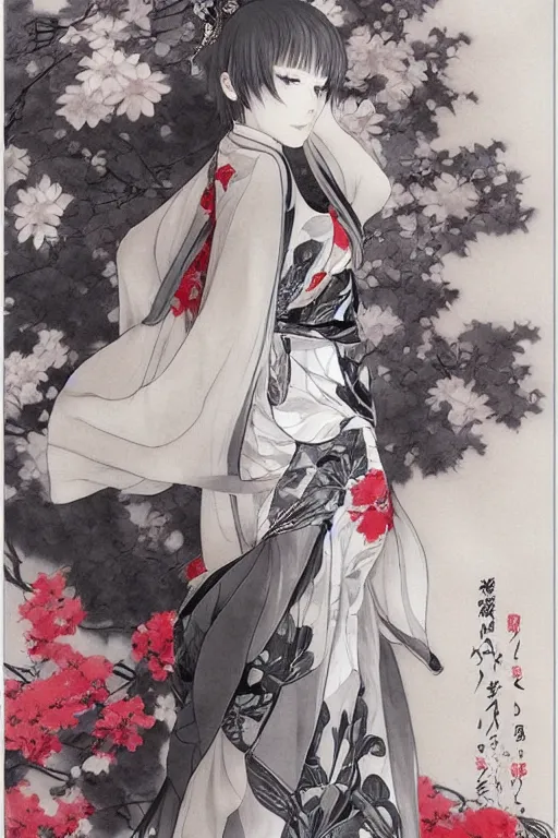 Prompt: beautiful girl, silver hair, white kimono with complex red flower patterns, (full body,) looking to camera, showing her shoulder from back, ilustration by ((Takehiko Inoue)) ((and Krenz Cushart))