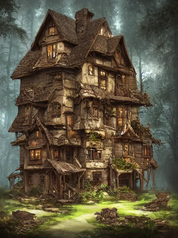 Image similar to old house in the woods, highly detailed, digital art, sharp focus, raytracing, trending on art station, warhammer fantasy setting,