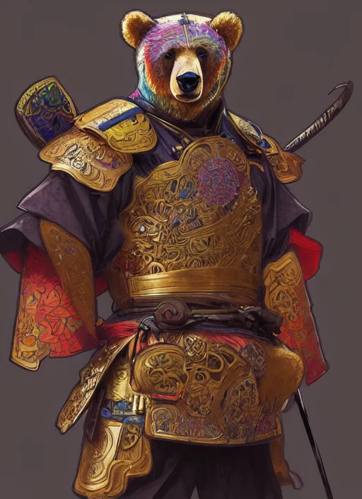 Image similar to portrait of anthropomorphic bear in samurai armor, colorful, highly detailed, digital painting, artstation, concept art, smooth, sharp focus, illustration, art by artgerm and greg rutkowski and alphonse mucha