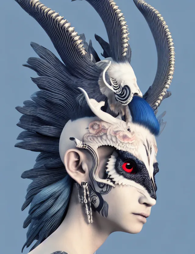 Image similar to 3 d goddess close - up profile simple portrait punk with mohawk with goat skull. beautiful intricately detailed japanese crow kitsune mask and clasical japanese kimono. betta fish, jellyfish phoenix, bio luminescent, plasma, ice, water, wind, creature, artwork by tooth wu and wlop and beeple and greg rutkowski