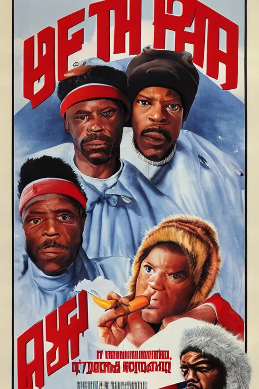 Prompt: poster the movie 1 9 8 8 ussr don't be a menace to south central while drinking your juice in the hood, perfect symmetrical eye, soviet russian winter fur hat with earflaps ushankas vodkra kremlin