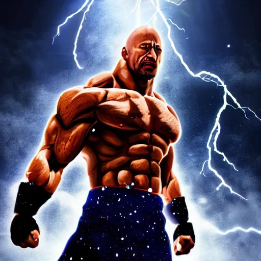 Prompt: photorealistic full shot protrait of Dwayne Johnson as a warrior style goku super saiyan with aura at moonlight, apocalyptic background, snowing, lightning bolt, high detail, unreal engine 4k volumetric light, fog,