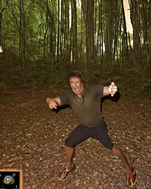 Prompt: trailcam flash photo of man stallone dancing at night forest