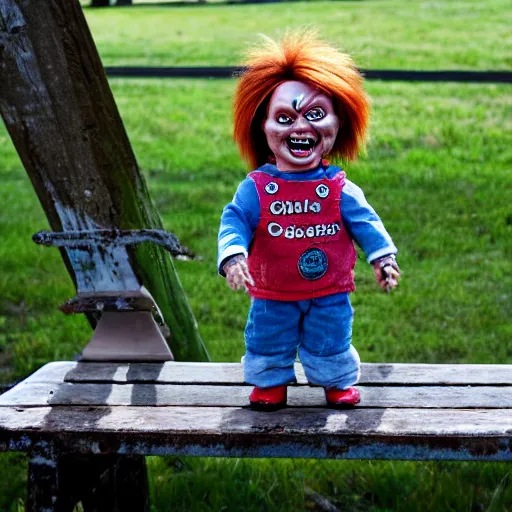 Image similar to chucky the killer doll standing on a park bench