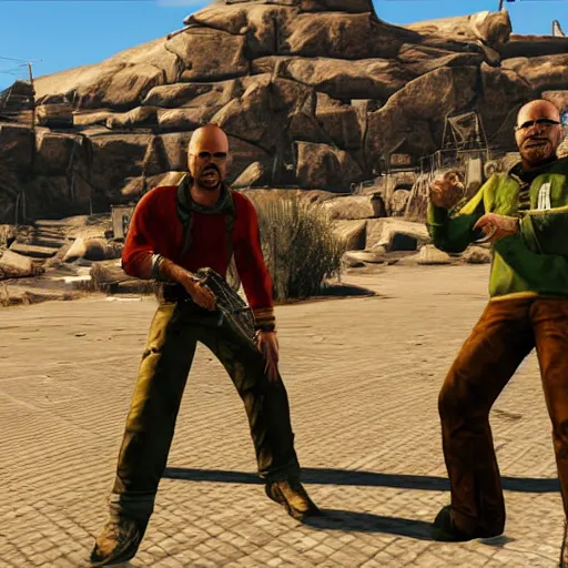 Image similar to walter white and jesse pinkman in fallout new vegas, gameplay screenshot, gamebryo engine, winnebago rv, epic, hd