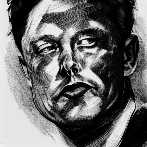 Image similar to Elon Musk portrait profile, black and white sketch, cellshaded, drawn in fine-tip pen, made by WLOP, trending on artstation