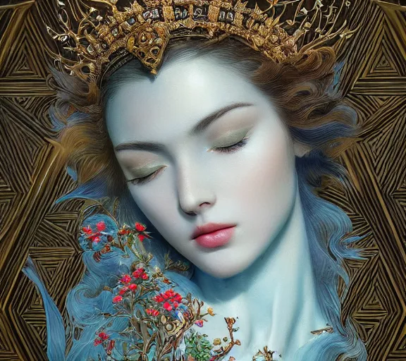 Image similar to breathtaking detailed concept art painting art deco pattern a beautiful wavy brown haired man with pale skin and a crown on his head sitted on an intricate metal throne light - blue flowers with kind piercing eyes and blend of flowers and birds, by hsiao - ron cheng and john james audubon, bizarre compositions, exquisite detail, extremely moody lighting, 8 k h 1 0 2 4