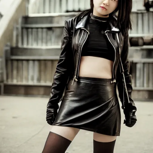 Image similar to a dynamic, epic cinematic 8K HD movie shot of a japanese young J-Pop idol girl wearing leather jacket, miniskirt, nylon tights and high heels boots. Motion, VFX, Inspirational arthouse