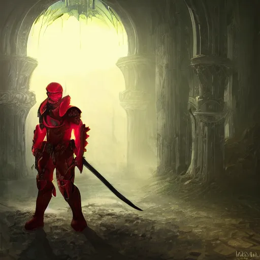 Image similar to blood knight, glowing halo, fantasy art, located in a castle, morning sunlight through the window, decorated, high quality, highly detailed, 4 k