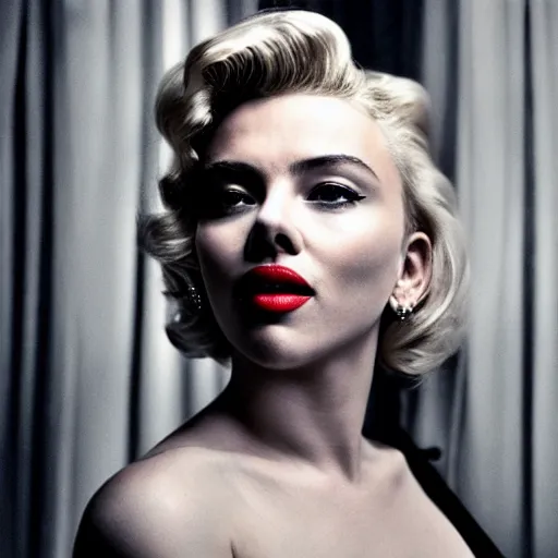 Image similar to stunning awe inspiring scarlett johansen as marilyn monroe, movie still 8 k hdr atmospheric lighting