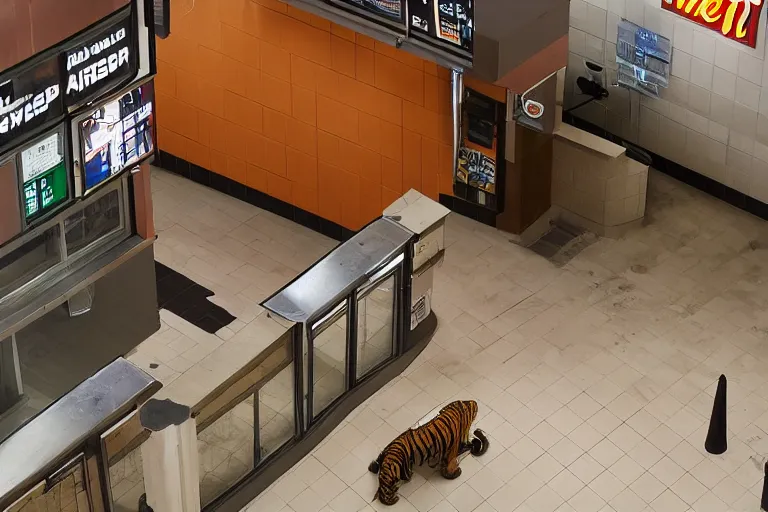 Image similar to overhead view, surveillance, a large adult tiger walking around inside of an empty fast food restaurant lobby