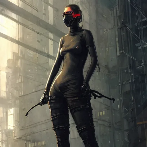 Image similar to sophie turner, streetwear techwear cyberpunk style outfit, parial mask, detailed portrait, intricate complexity, by greg rutkowski, cushart krentz, artgerm, ross tran, conrad roset, takato yomamoto, ilya kuvshinov. 4 k, beautiful, cinematic dramatic atmosphere, portrait lighting