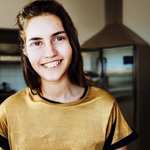 Image similar to a candid portrait of a brunette female, young, athletic, australian, pixellated face, wearing a gold tshirt in a kitchen, closeup