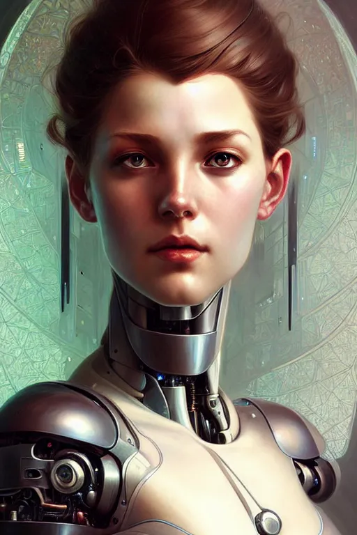 Image similar to beautiful crying! female mechanical android!, half portrait, intricate detailed environment, photorealistic!, intricate, elegant, highly detailed, digital painting, artstation, concept art, smooth, sharp focus, illustration, art by artgerm and greg rutkowski and alphonse mucha