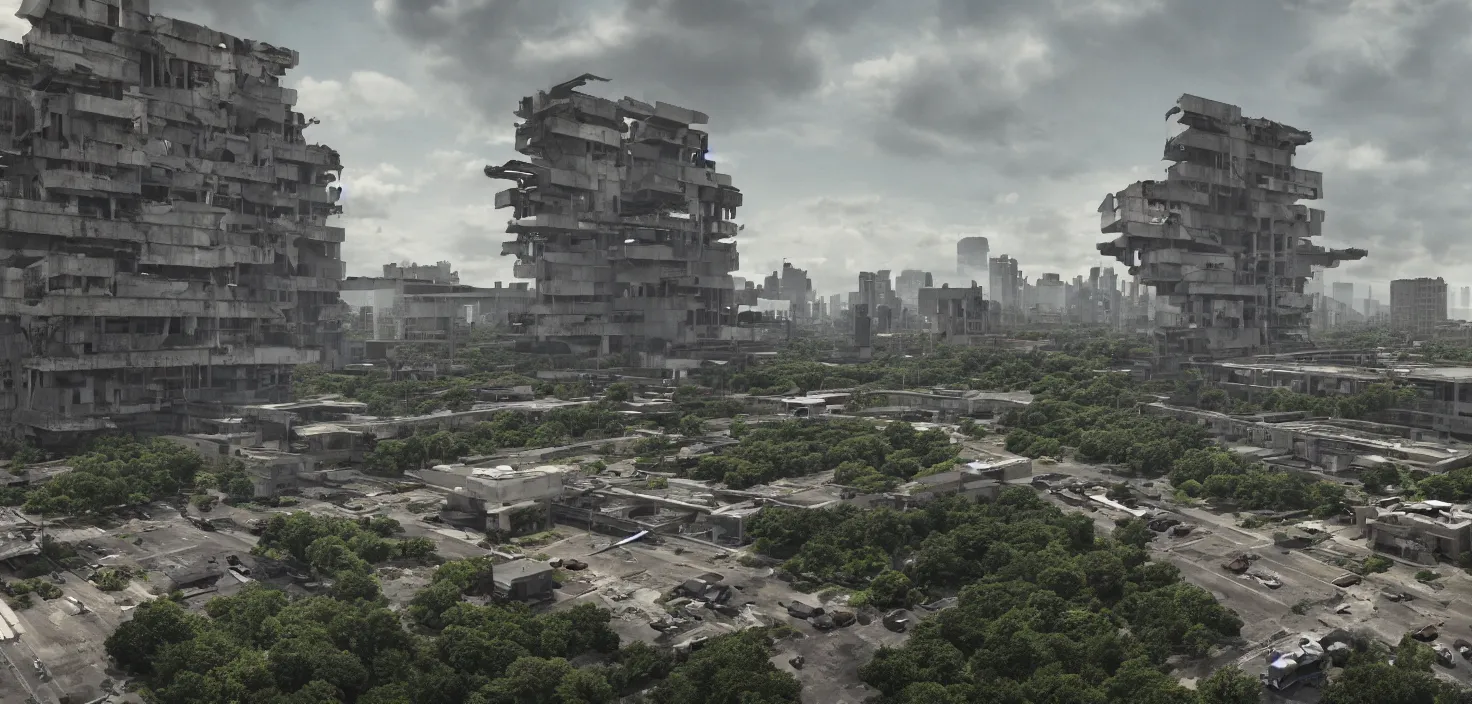 Prompt: brutalist architecture by Le Corbusier, abandoned buildings, empty streetscapes, surrounded by lush green vegetation, ground-level view, stunning volumetric lighting, sunset, rusted steel, solid concrete, glass, stunning skies, scattered rubbish and debris, 8k, photorealistic, hyper detailed, unreal engine 5, IMAX quality, cinematic, epic lighting, digital painting in the style of DOOM and Quake, by Greg Rutkowski, trending on Artstation