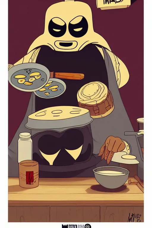 Image similar to mf doom madvilliany making pancakes in style of adventure time, animation pixar style, by pendleton ward, magali villeneuve, artgerm, rob rey and kentaro miura style, golden ratio, trending on art station