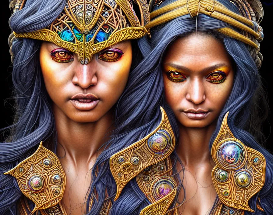 Prompt: Portrait of my amazon woman, D&D, fantasy, intricate,richly detailed colored pencil 3D illustration of a beautiful Brazilian mulata woman with long metallic hair wearing a hoodie and short shorts that is evil and happy. mirrored background with completely rendered reflections, art by Range Murata and Artgerm highly detailed, digital painting, trending on artstation, sharp focus, illustration, style of Stanley Artgerm