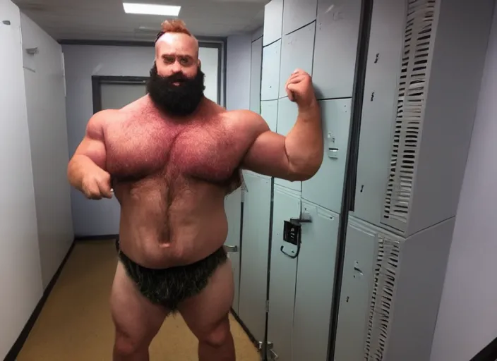 Prompt: big hairy burly strongman in private high school locker room