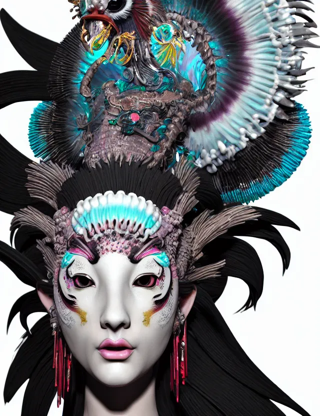 Image similar to 3 d goddess close - up profile portrait punk with mohawk with ram skull. beautiful intricately detailed japanese crow kitsune mask and clasical japanese kimono. betta fish, jellyfish phoenix, bio luminescent, plasma, ice, water, wind, creature, artwork by tooth wu and wlop and beeple and greg rutkowski