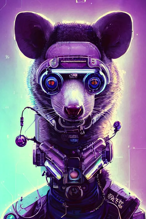 Image similar to a beautiful portrait of a cute cyberpunk opossum by sandra chevrier and greg rutkowski and wlop, purple blue color scheme, high key lighting, volumetric light, digital art, highly detailed, fine detail, intricate, ornate, complex, octane render, unreal engine, photorealistic