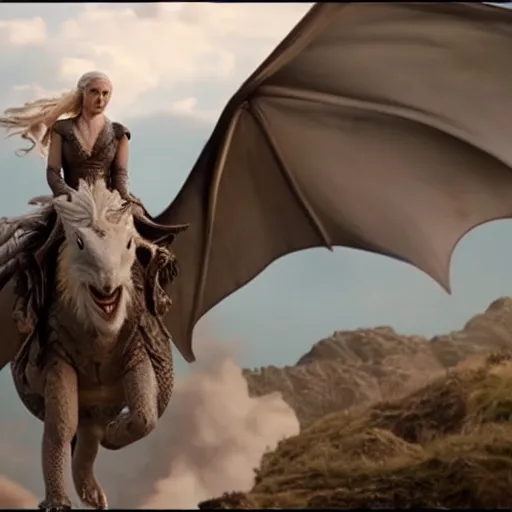 Prompt: Daenerys riding a dragon, ultra hd photo