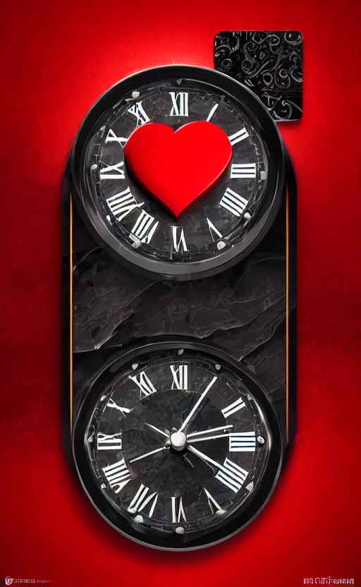 Image similar to a melting Roman numeral clock, behind a red and black gradient background, awith a black heart shaped on the top left corner and a black diamond card shape in the bottom right corner, dynamic lighting, photorealistic fantasy concept art, trending on art station, stunning visuals, cinematic, creative, ultra detailed