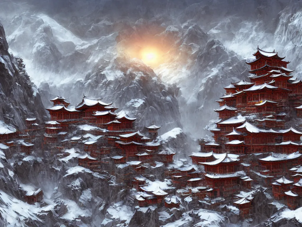 Prompt: shaolin monastery on snowy mountain, rope ladder everywhere, trending on artstation, by frank frazetta, concept art, digital art, cool color palette, 8 k, sad, incandescent, cinematic lighting, ray tracing ambient occlusion, in a symbolic and meaningful style, insanely detailed and intricate, hypermaximalist, elegant, ornate, hyper realistic, super detailed