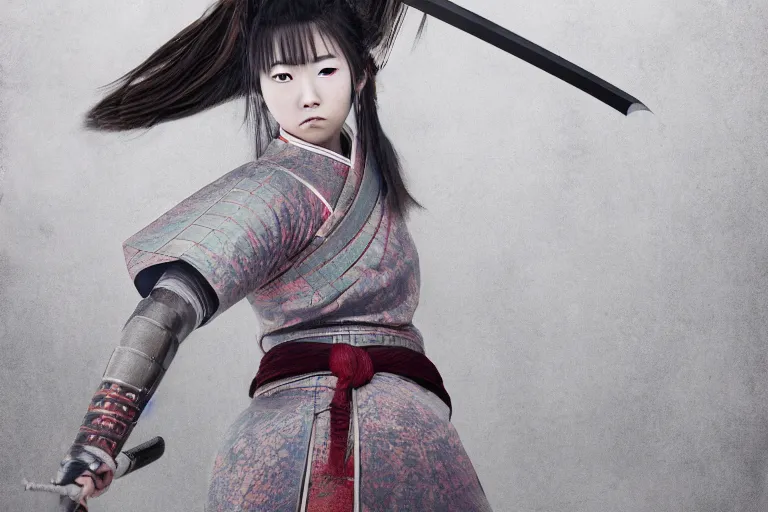 Image similar to highly detailed beautiful photo of a young female samurai, practising sword stances, symmetrical face, beautiful eyes, realistic anime art style, 8 k, award winning photo, pastels, action photography, 1 / 1 2 5 shutter speed, dramatic lighting