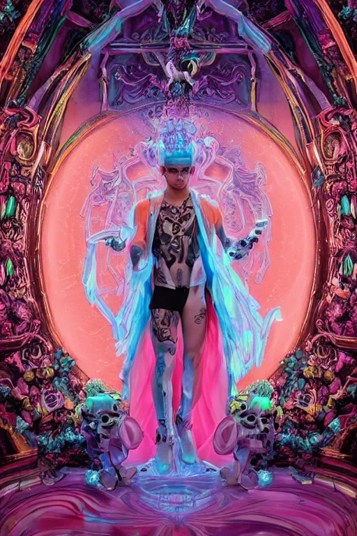 Image similar to photo of full-body rococo and cyberpunk delicate neon crystalline sculpture of ((handsome muscular onyx albino prince Liam Payne)) as an blue iridescent humanoid deity wearing ((peach plastic hooded cloak)) (holding an onyx skull) in a onyx castle dungeon, reclining, glowing pink face, crown of (pink lasers), large blue diamonds, swirling black silk fabric. futuristic elements. oozing glowing liquid, full-length view. space robots. intricate artwork by caravaggio. Trending on artstation, octane render, cinematic lighting from the right, hyper realism, photorealistic, octane render, 8k, depth of field, 3D