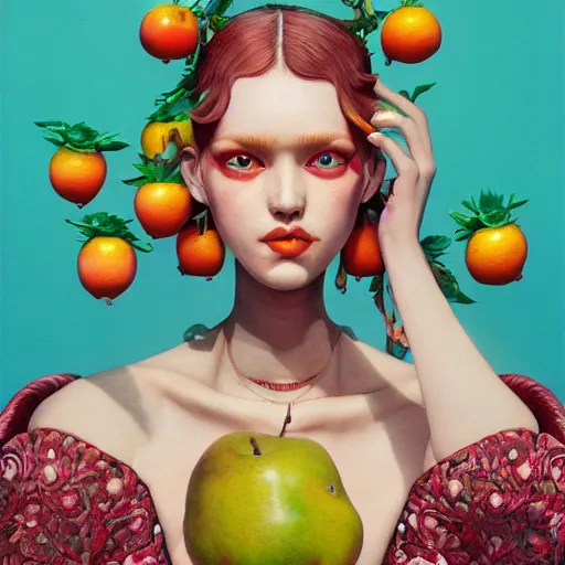 Image similar to pretty model with fruit : : by martine johanna and simon stalenhag and chie yoshii and casey weldon and wlop : : ornate, dynamic, particulate, rich colors, intricate, elegant, highly detailed, vogue, harper's bazaar art, fashion magazine, smooth, sharp focus, 8 k, octane render