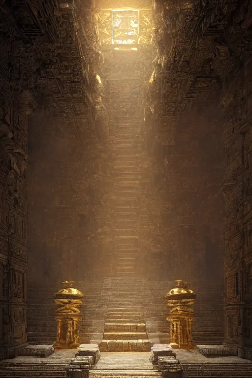 Image similar to inside a majestic aztec temple made of gold, intricate, elegant, volumetric lighting, digital painting, highly detailed, artstation, sharp focus, illustration, concept art, ruan jia, steve mccurry