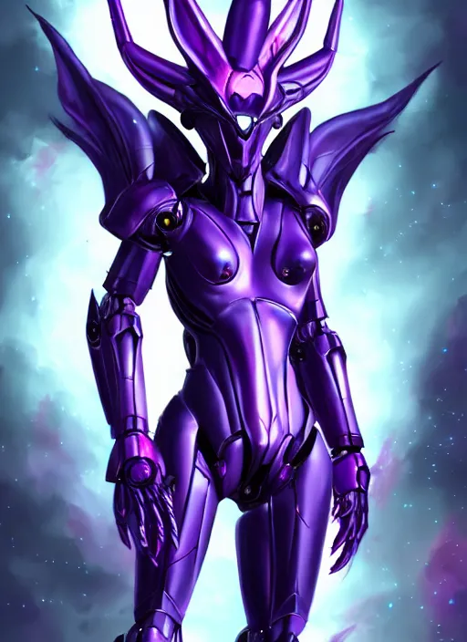 Image similar to cinematic goddess body shot, galactic sized beautiful stunning hot anthropomorphic robot mecha female dragon, sleek dragon head, metal ears, led purple eyes, smooth fuschia skin, nebula size, smooth silver armor, floating in space, epic proportions, epic size, epic detail, furry art, dragon art, giantess art, warframe fanart, furaffinity, octane