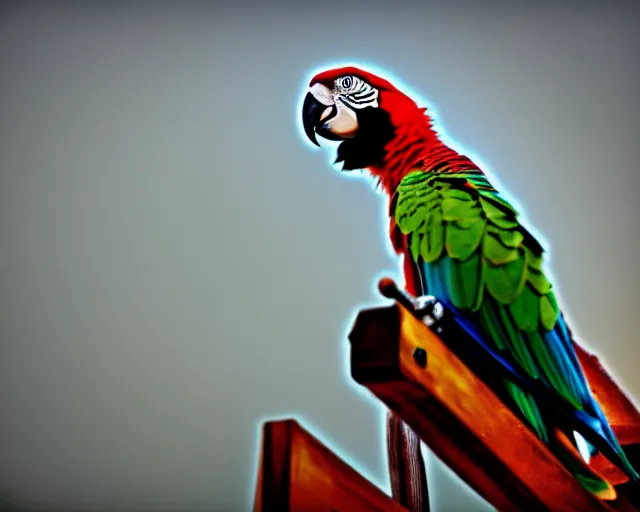 Prompt: low angle photo of a parrot on a pirate ship, rule of thirds, depth of field, flickr, 5 0 0 px